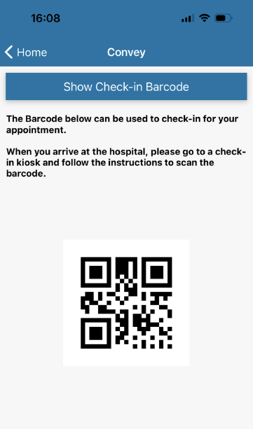 Convey barcode check-in screen